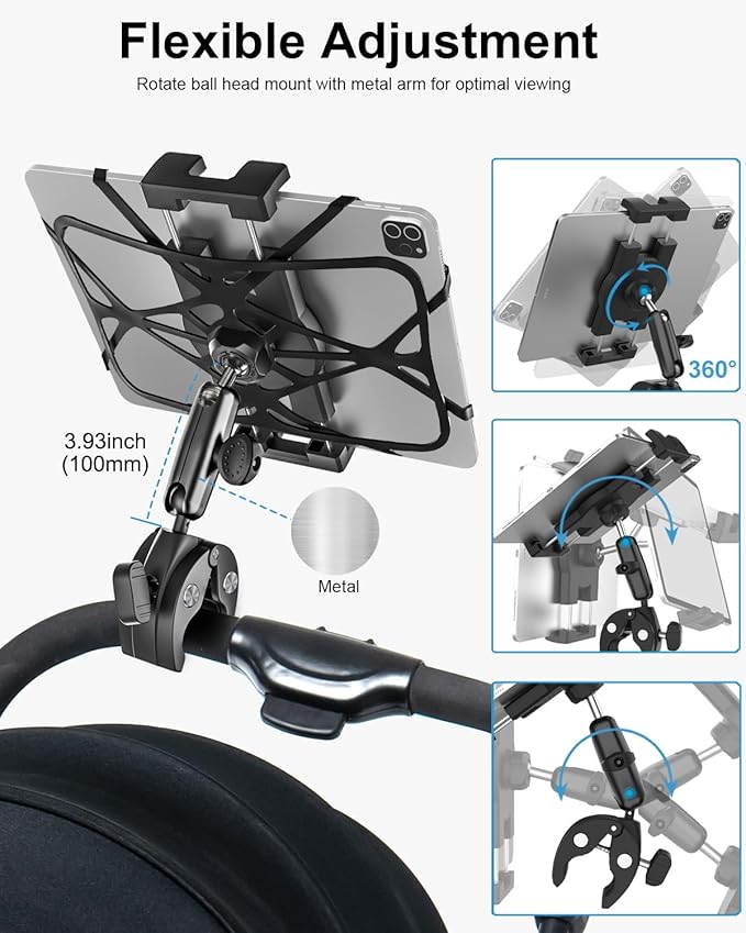 Metal iPad Tablet Mount for Boat Helm, Marine, Wheelchair, Golf Cart, Stroller, Treadmill, Spin Bike, Bicycle, Mic Stand - 360° Adjustable Handlebar Clamp for 4-13" iPad Pro, Air, Mini, Galaxy, iPhone