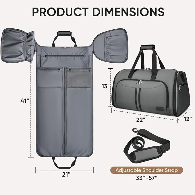 BALEINE Travel Garment Bag, Travel Suit Bag for Men, Water Resistant Carry on Garment Bag for Hanging Clothes, Garment Duffel Bag for Travel Business (Dark Gray-Convertible)