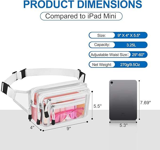 Clear Bag Stadium Approved Clear Fanny Pack for Women for Work,Multi-purpose Waist Bag for Travel & Sporting Event