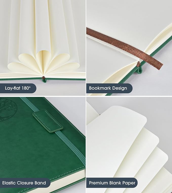 Biuwory Blank Journal Notebook for Women Men, Hardcover Leather Sketchbook 5.7"×8.3", 140 Pages Unlined Sketch book for Drawing, Writing, Travel, School & Work, Journaling Notebooks (Green)