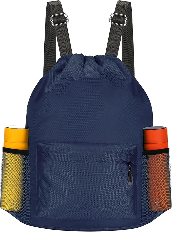 Waterproof Drawstring Bag, Lightweight String Backpack with Water Bottle Holder and Pockets, Gym Sports Cinch Sackpack (Blue)