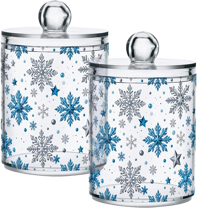 Gredecor Christmas Winter Qtip Holder Dispenser 4 Pack Silver Blue Glitter Snowflakes Apothecary Jars with Lids Bathroom Vanity Countertop Canister Storage Organizer for Cotton Ball,Swabs,Pads,Floss