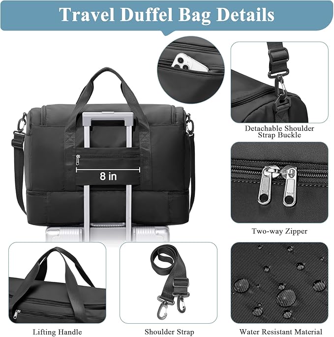 Extra Large Travel Duffle Bag,Carry on Overnight Bag with Shoes Compartment,Weekender Bags for Women for Travel Business Trips Sport Hospital,3 Pcs Set,Black
