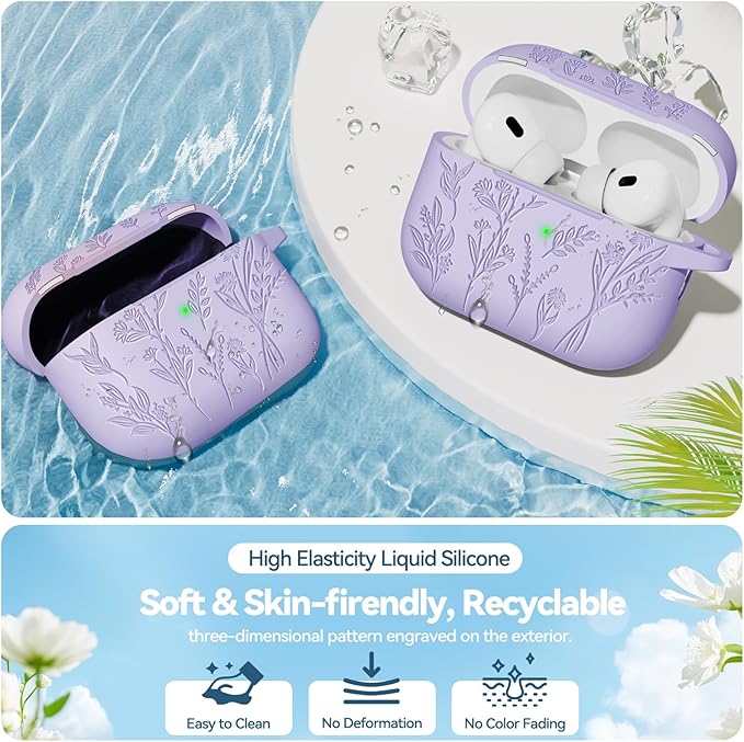 for AirPods Pro 2 Case with Magnetic Lid, Ekoonpft Flower Engraved Silicone Case for Apple AirPods Pro 2nd/1st Generation (2023/2022/2019) Cover with Cleaning Kit & Keychain