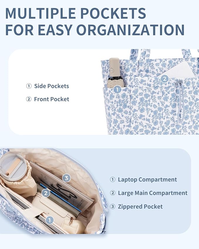 Wandering Nature Puffer Tote Bag with Cup Holder & Laptop Compartment & Trolley Sleeve for Travel, Work, Nurse, Women