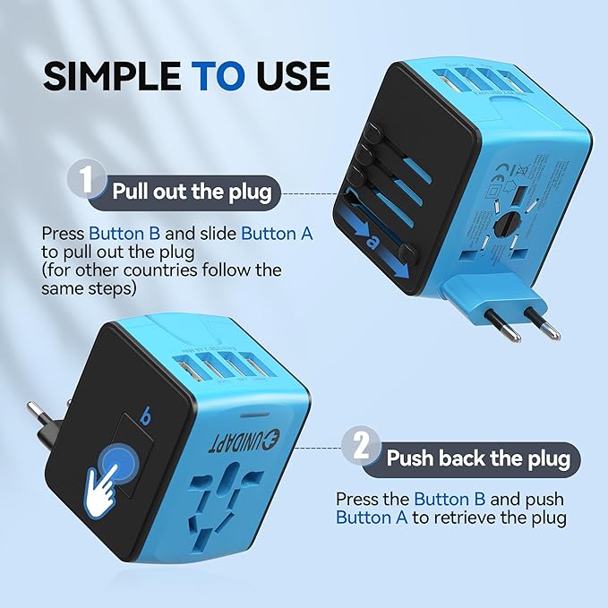 Unidapt Universal Travel Adapter, International Plug Adapter Fast 2,4A 4-USB European Power Plug, AC Wall Charger - Worldwide Outlet for Europe US USA UK EU AUS, Blue