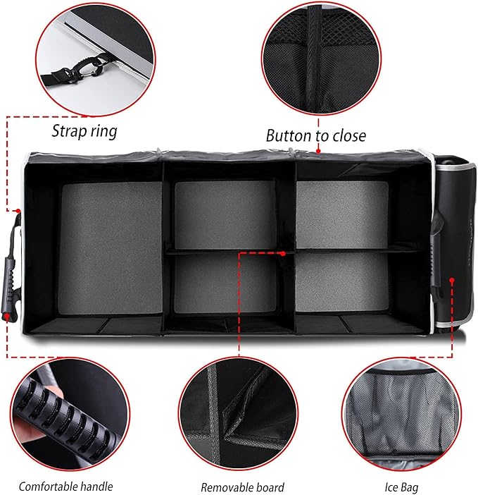 Homeve Car Trunk Organizer for SUV, 25Gal Large Capacity No-Sag Heavy Duty, Foldable Waterproof Anti-Slip Storage with 12 Pockets, Fit Sedan,Truck,Universal Car Accessories, Black, 3 Compart, Large