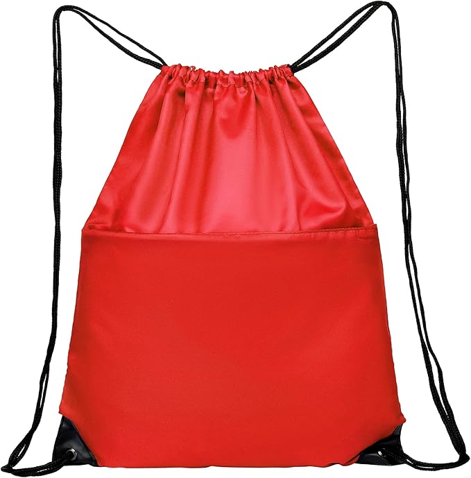 Drawstring Backpack Sports Water Resistant String Bag Sport Gym Sackpack for Women Men Large with Zipper, Red