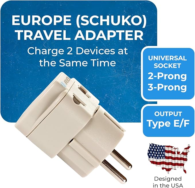 OREI European Power Adapter Plug, Perfect for Travel To Europe, Germany, France, Spain, Norway, Korea - Universal Socket - Type E/F Outlet - 2 Inputs - Safe Grounded Connection