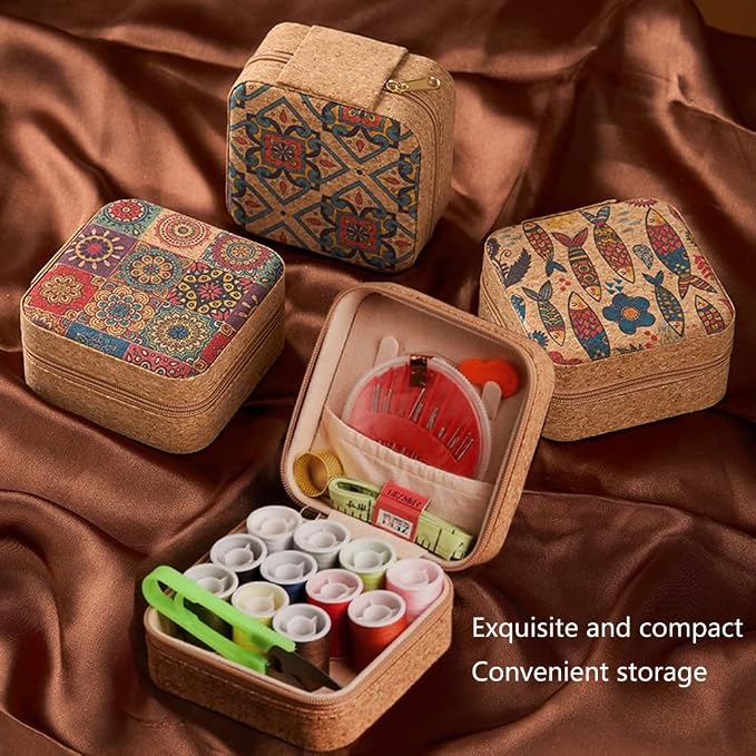 Sewing kit,Portable Travel Sewing Kit ，Vintage Soft Wood Print Sewing Kit,Mini Sewing Kits Storage Box,with 11 Color Thread, Scissors, Needles, Tape Measure and Other Accessories (Enchanted Grass)