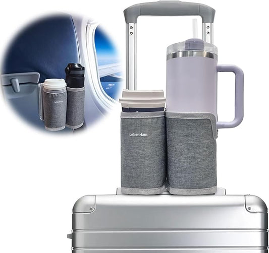 2 in 1 Luggage Cup Holder for Suitcase Airplane Cup Holder for Tray Table Drink Carrier for Stanley Tumblers Coffee Beverage Organizer Luggage Drink Holder Travel Gifts for Women (Gray)