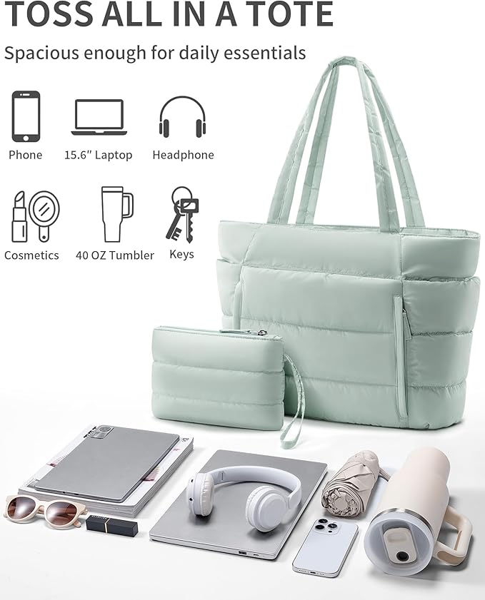 Bagstellar Puffer Tote Bag for Women, Lightweight Puffy Work Handbag Teacher Nurse Quilted Shoulder Bag for School Travel Gym | Cloud Bag w/ Zipper