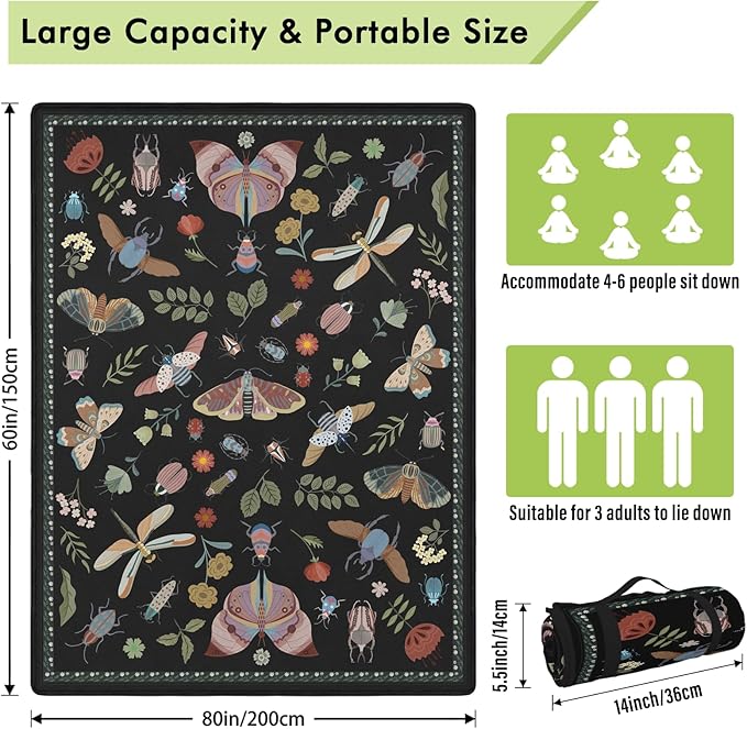 Insect Picnic Blankets Waterproof Foldable, 60″X80″ Packable Picnic Mat Boho Outdoor Blanket for Grass, Large Beach Blanket Sandproof Picnic Accessories for Camping Music Festival Park Lawn Travel