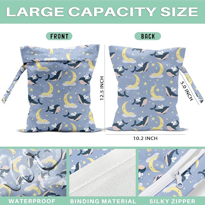 Whale Wet Dry Bags for Diaper Waterproof Swimsuit Washable Reusable Bag for Beach Diapers Dirty Yoga Gym Clothes Plant Gifts for Friend Men Women 12.5x10.2 Inches