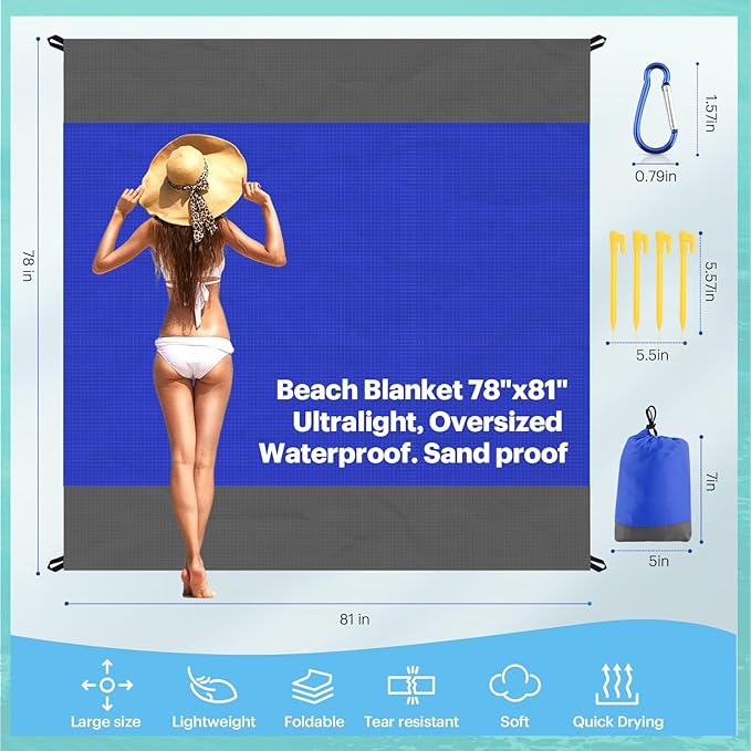 EASYFUN Beach Blanket Sandproof Oversized, 79''×83'' Extra Large Beach Mat, Portable Picnic Mat for Travel Camping Hiking, Lightweight Beach Essentials Family Water Resistant Mat