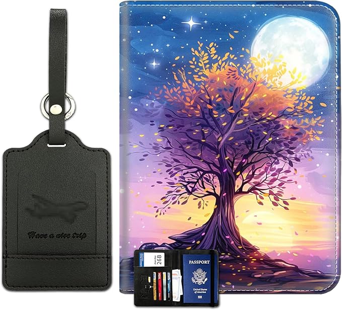 Passport Wallet, Passport Holder with RFID Blocking and Luggage Tag, Waterproof PU Leather Travel Documents Organizer Case, Passport Covers with Card Slot for Women & Men, Purple Starry Sky Trees