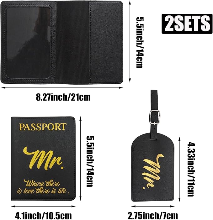 2 Sets Passport Covers Holder and Luggage Tags Set, Leather Travel Luggage Tags Gift for Bridal Shower, Wedding Engagement, Couple Honeymoon Travel(Black&White)