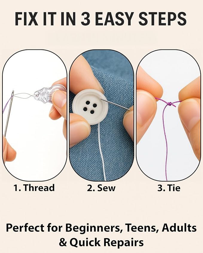Vellostar Sewing Kit for Adults & Beginners – Portable Needle & Thread Travel Kit w/ 24 Thread Colors, Needles, Scissors & Sewing Supplies for Emergency Clothing Repairs, Buttons, & Home Mending