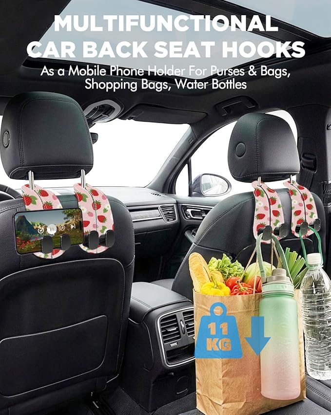 WOCOCN Purse Holder for Car, 2 Pack Heavy Duty Purse Hanger for Car, PU Leather Car Seat Hooks for Purses and Bags, Cute Strawberry Headrest Organizer for Handbags & Backpacks
