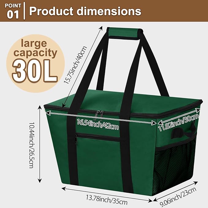 Reusable Grocery Bag – Expandable Insulated Cooler Bag with Bottom Board, Collapsible Insulated Shopping Bag with Zipper & Drawstring, Heavy Duty Tote Bag for Shopping, Delivery, Picnic, Beach
