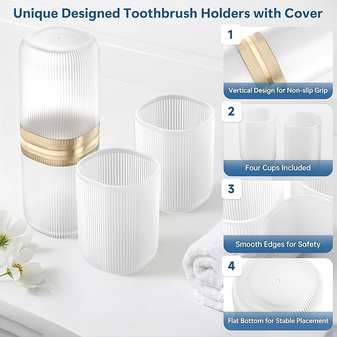 Quatish 2-in-1 Toothbrush Travel Case, Portable Toothbrush Holder with 4 Rinse Cups, Large-Capacity Storage for Toothbrush & Toothpaste, Ideal for Travel, Home, Camping, Gym, Business Trip (Clear)