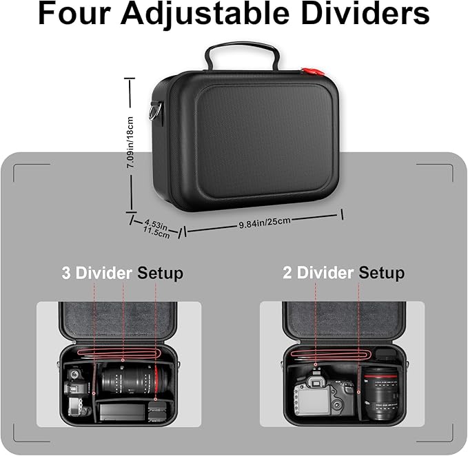 ProCase Hard Shell Digital Camera Case for Canon Rebel T7/EOS R100/R50/DSLR/SLR/Nikon/Sony/Mirrorless, Padded Travel Bag with 1 Shoulder Strap and 3 Adjustable Dividers Fathers Day Gift -Black