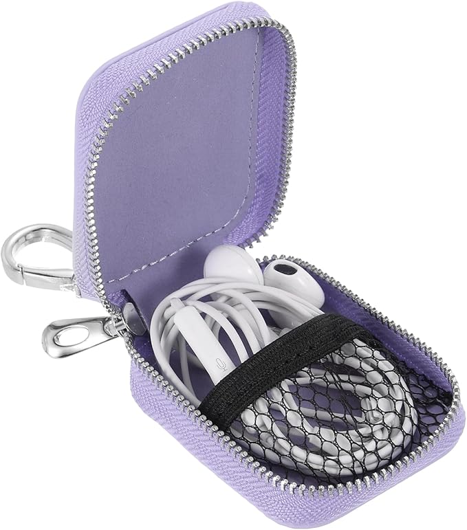 HARFINGTON Earbuds Cases, Earphone Case Holder, PU Leather Ear Buds Case Zipper Organizer Small with Mesh Pocket for USB Cable, Wireless Wired Earphones, Purple