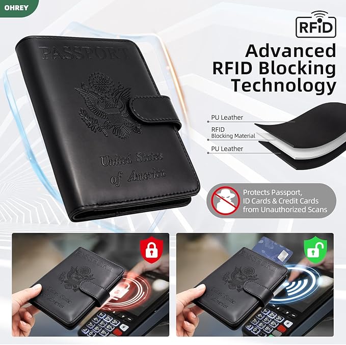Passport Holder for Travel Family with Slot for Tracker Device & Luggage Tag Cover, – RFID Blocking Passport Wallet for Women & Men | PU Leather Passport Cover Case with Money Pocket – Black