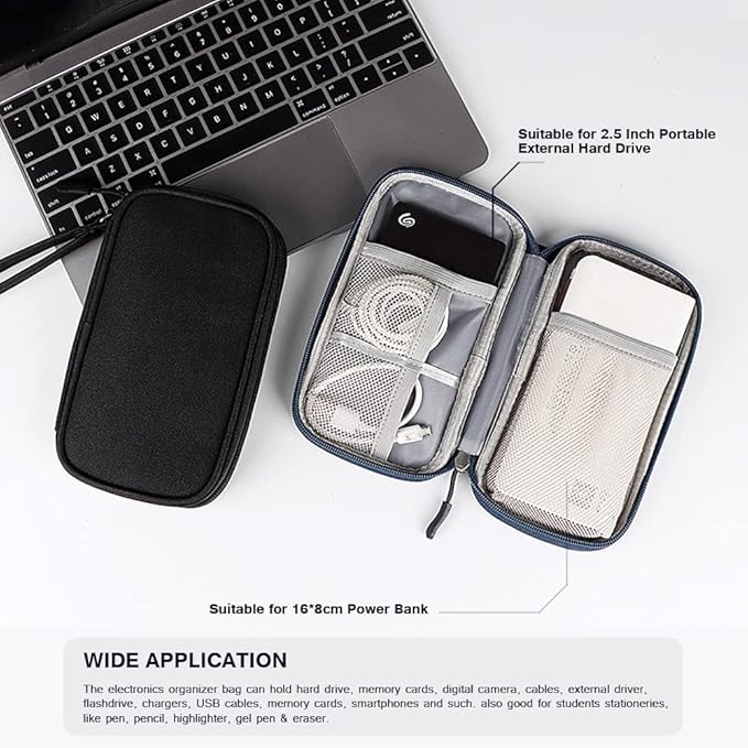 Electronics Organizer Bag Pouch Cable Charger Organizer Travel Shockproof Cord Carrying Case for Earphone Powerbank USB Hard Drive SD Card (Black)