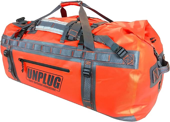 UNPLUG Ultimate Adventure | 1680D Heavy Duty Waterproof Bag | Large Travel Bag which can be Used for Camping, Motorcycling, Boating, or Hunting|155L Adventure Orange