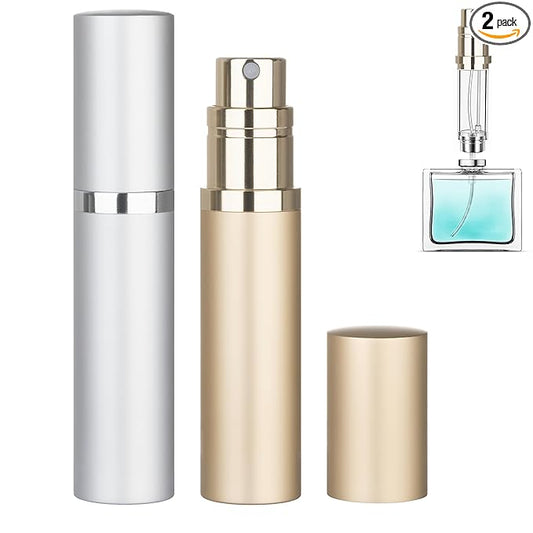 Refillable Perfume Atomizer Travel Bottle 2-Pack 5ml Leakproof Luxury Travel Perfume Refillable Bottle, Portable Fragrance Atomiser (Silver & Gold)