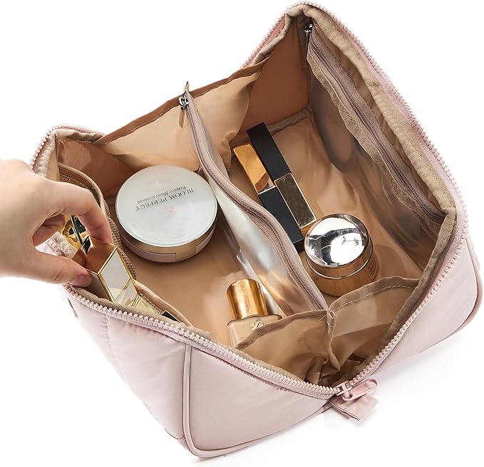 NISHEL Travel Makeup Bag for Women, Fluffy & Lightweight Open Flat Cosmetic Organizer with Multiple Functional Divider for Brush Independent Storage, Handle for Easy Portability, Pink