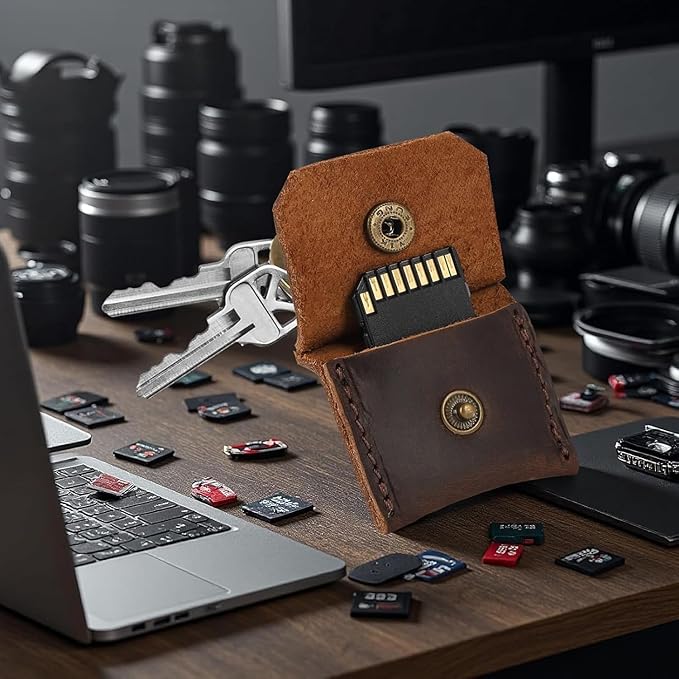 Jack&Chris Genuine Leather SD Card Holder Keychain, Anti-Shock Anti-Dust SD Card Case, Portable Camera Accessories for SD CF CFexpress Micro SD Nano SIM and Micro SIM Cards, Red Brown 4 Packs