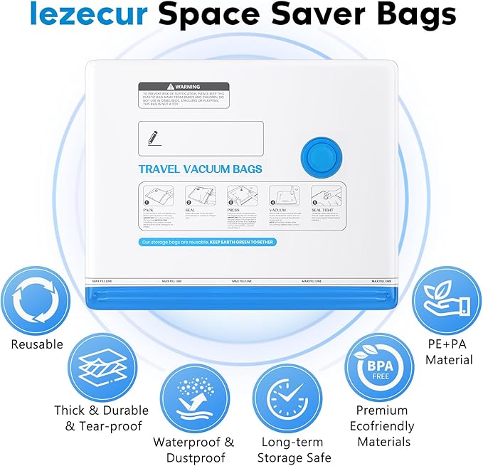 15 Pack Vacuum Storage Bags with Pump, Space Saver Travel Bags with Rechargeable Wireless Pump, Reusable Tear-Proof Compression Packing Cubes for Heavy Clothes/Bedding/Luggage/Moving 15 Combo Size