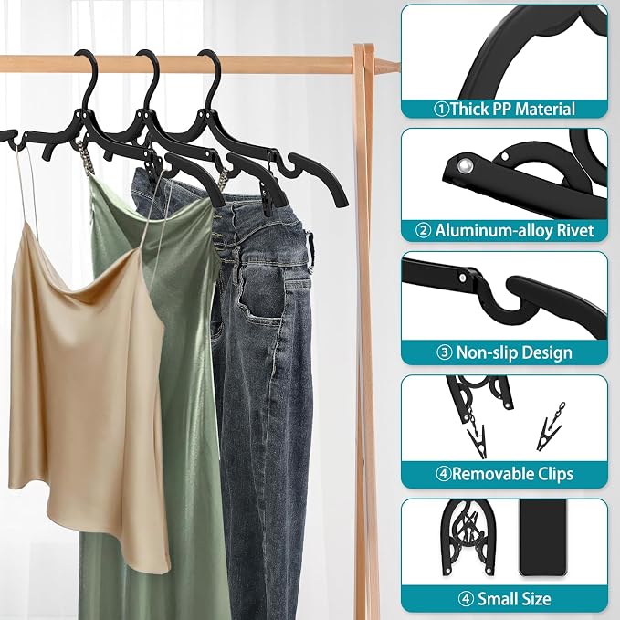 15 Pcs Travel Hangers with 30 Clips Portable Foldable Travel Hanger Organizer, Plastic Cruise Ship Essentials 2026 Clothes Hanging Rack Folding Hangers for Travel Camping Fly RV Europe Suitcase Black