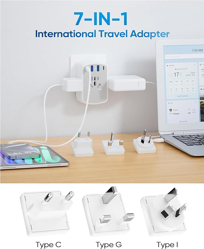 Olcorife Universal Travel Adapter Kit with 3 AC Outlets 4 USB Ports, International Plug Adapter for US EU UK AUS (Type-C/G/A/I), European Travel Essentials