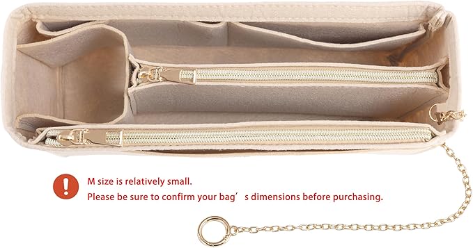 Purse Organizer Insert, Handbag Organizer with Zipper, Tote Shaper with Cup Holder & Keychain, Compatible with LV, Neverfull, MK, COACH, Longchamp, Kate Spade– Beige-Sl. Med