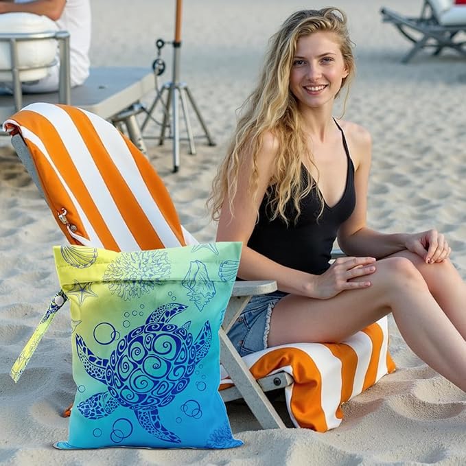 Wet Dry Bag for Swimsuit and Towels for Swimsuit Travel Beach Pool Diapers Dirty Yoga Gym Clothes Hook to Stroller Makeup Bag Waterproof Turtle Ocean Element Decor