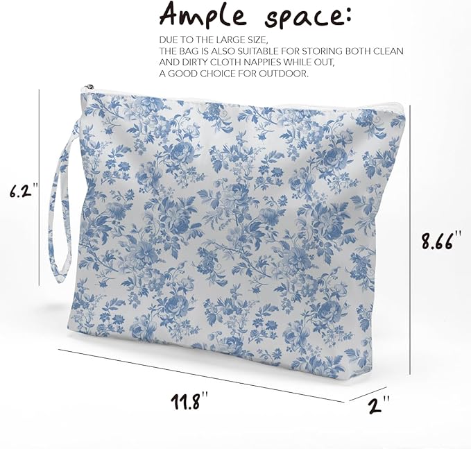 Fokongna Floral Print Wet Bag, Small Portable Waterproof Multi-Functional Organizer for Women, Sky Blue Toile De Jouy,Ideal for Daily, Beach & Travel,
