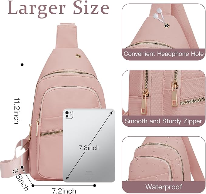 Small RFID Waterproof Travel Crossbody Sling Bags for Women Men, Hands Free Lightweight Sling Backpack Fanny Pack Cross Body Bag for Outdoors Hiking Traveling Fitness Commuting Leisure Pink
