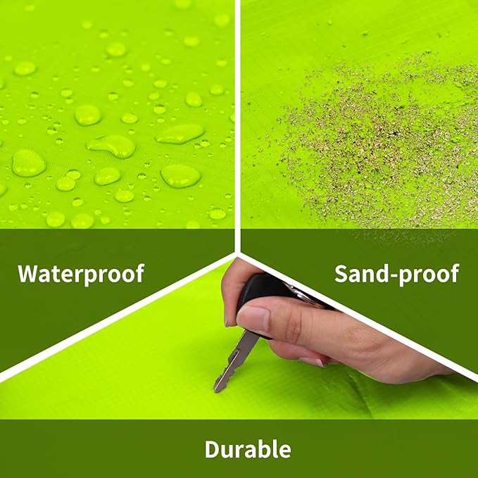 Frelaxy Pocket Picnic Blanket, Waterproof Sandproof Beach Mat, Compact Camping Tarp for Festivals, Hiking, Travel, Outdoor Recreation (Neon Green & Black, 35'' x 57'')