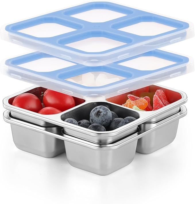BEFOY 4 Pack Stainless Steel Snack Containers with Lids 4 Compartment Food Storage Containers for Adults & Kids Meal Prep Containers Reusablele (Sky blue, 2)