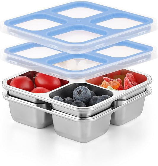 BEFOY 4 Pack Stainless Steel Snack Containers with Lids 4 Compartment Food Storage Containers for Adults & Kids Meal Prep Containers Reusablele (Sky blue, 2)