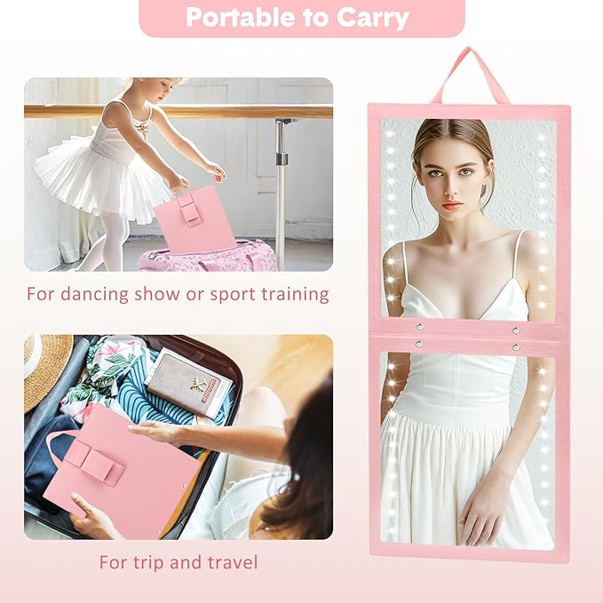 Fabuday Lighted Hanging Mirror for Dance Backstage - Rechargeable Folding LED Full Length Mirror with Lights for Dancers, Portable Foldable Travel Body Mirrors, Brightness Adjustable, Pink