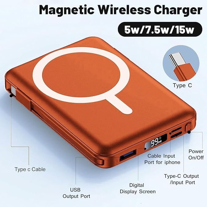 Azmuth for MagSafe Portable Charger, 10000mAh Magnetic Power Bank with 20W PD USB-C Fast Charging LED Display for MagSafe Battery Pack, Magnetic Travel Charger for iPhone 17/16/15/14/13/12 Series