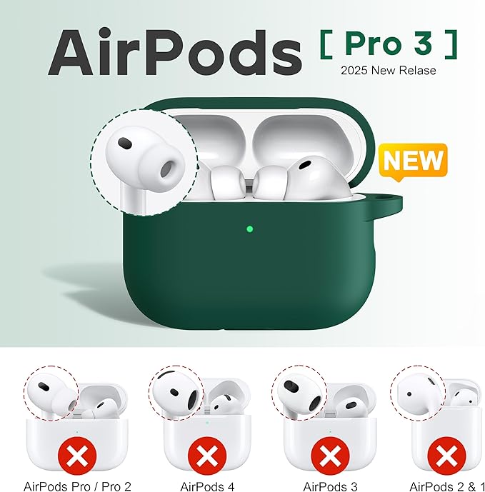 R-fun for AirPods Pro 3 Case (2025), Soft Silicone Protective Case Cover Compatible with Apple AirPods Pro 3rd Generation (USB-C Cable) for Women Men with Cleaning Kit and Keychain, Black Green