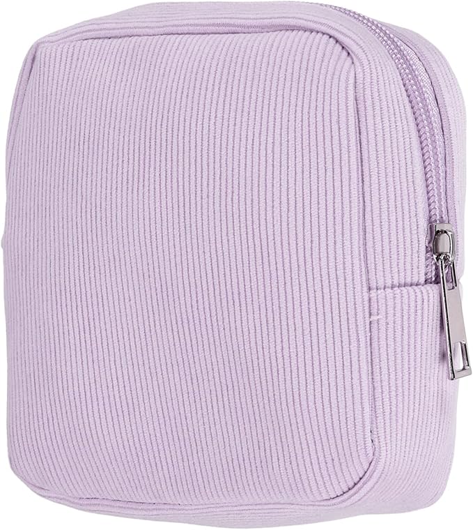 uxcell Period Bag for Teen Girls Women, Portable Corduroy Sanitary Towel Compact Cute Pouch with Zippers, Small Pouch Napkin Storage Pads Holder for Travel, Daily Use, Purse, Purple