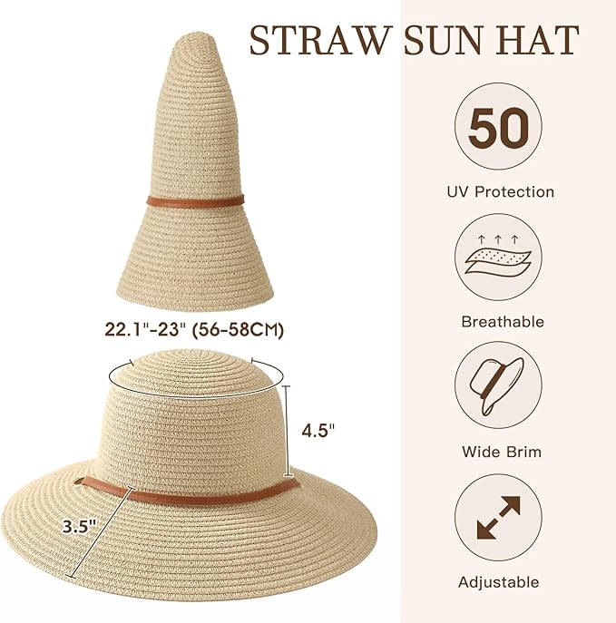 Beach Hat for Women, Wide Brim Sun Straw Hats for Women, Sun Hat Womens UPF 50+ UV Protection, Floppy Foldable Summer Hats