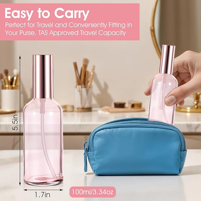 10 Pack 3.4 Oz Pink Glass Spray Bottles, Refillable Fine Mist Atomizers with Rose-Gold Caps, Empty Perfume Bottles for Essential Oils, Body Sprays, Travel