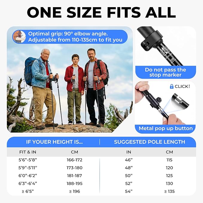 Trekking Poles for Hiking - Collapsible Lightweight 7075 Aluminum Hiking Sticks, 43-53 Inch Adjustable Tri-Fold Walking Poles with Anti-Slip EVA Grip for Men and Women